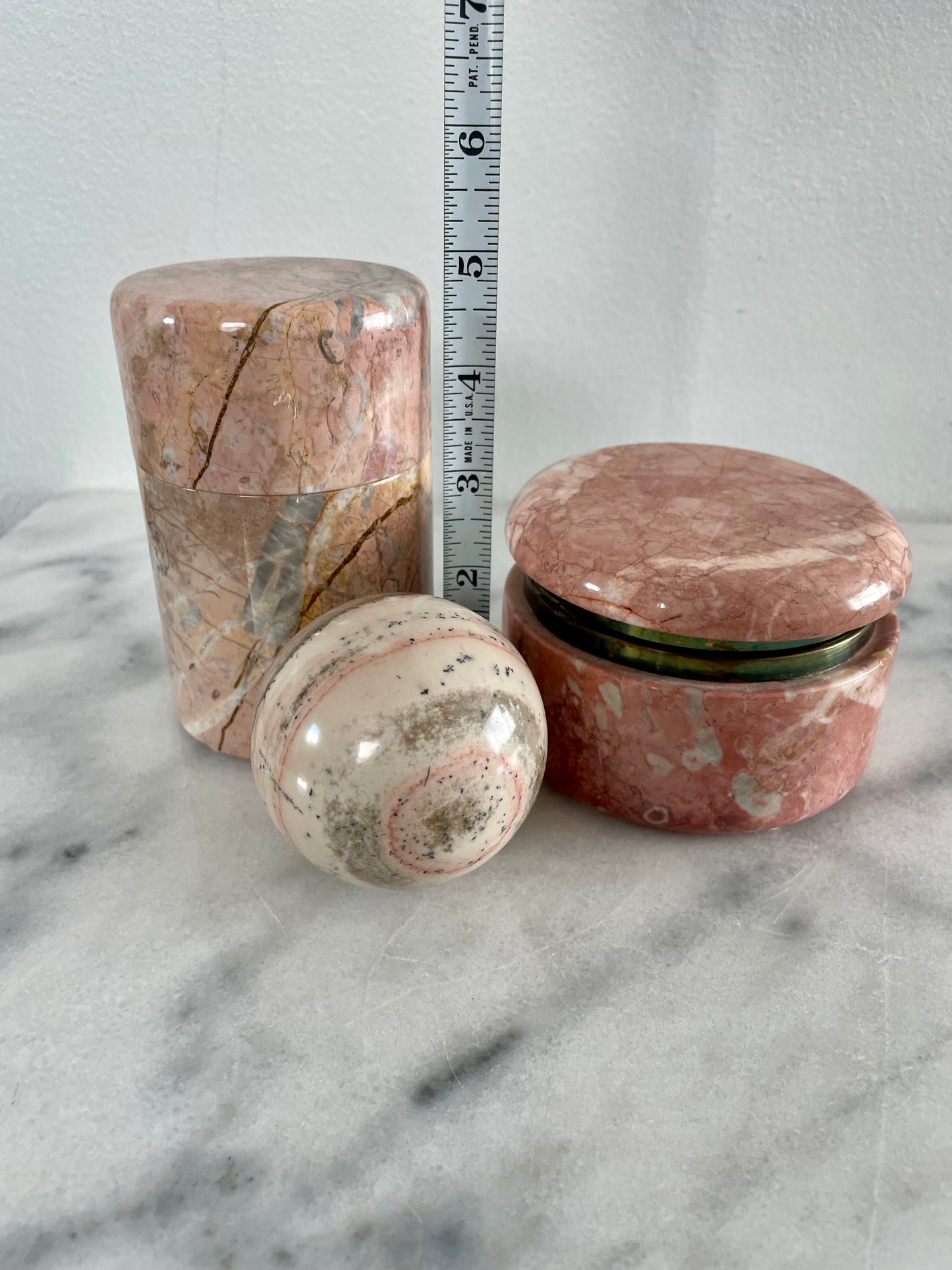 Mid 20th Century Vintage Pink Marble Jewelry Box Cylinder and Sphere Decor - Set of 3