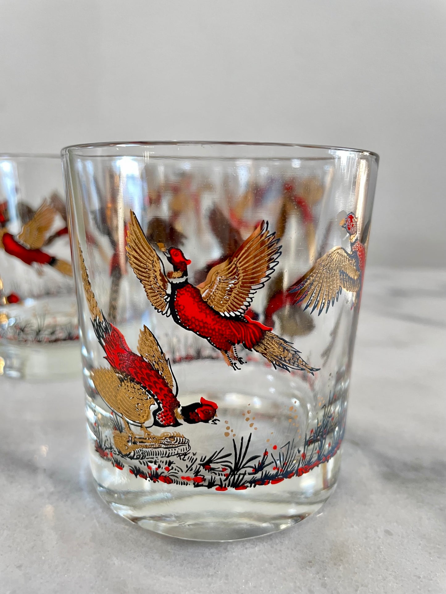 Mid-Century Modern Gold Pheasant Hunting Glasses - Set of 6
