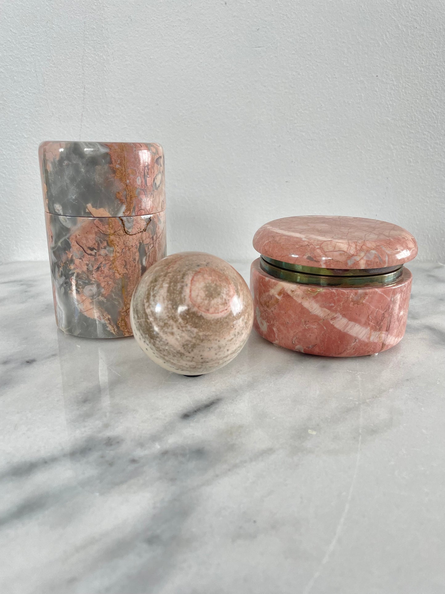 Mid 20th Century Vintage Pink Marble Jewelry Box Cylinder and Sphere Decor - Set of 3