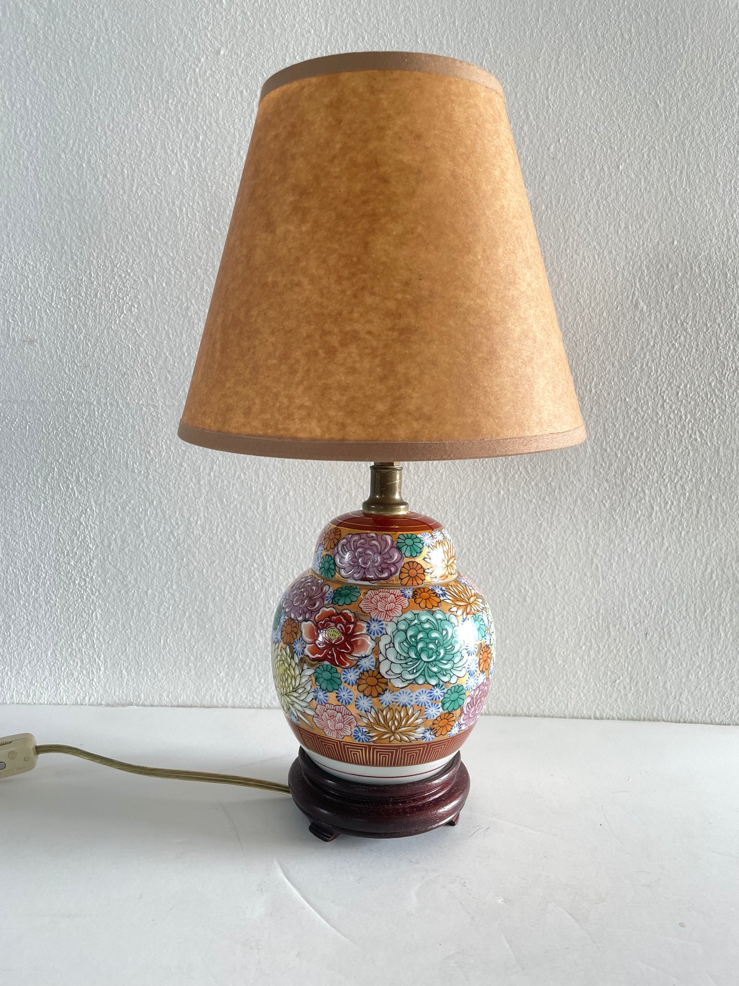 Mid-Century Chinoiserie Petite Floral Ceramic Ginger Jar Table Lamp With Shade