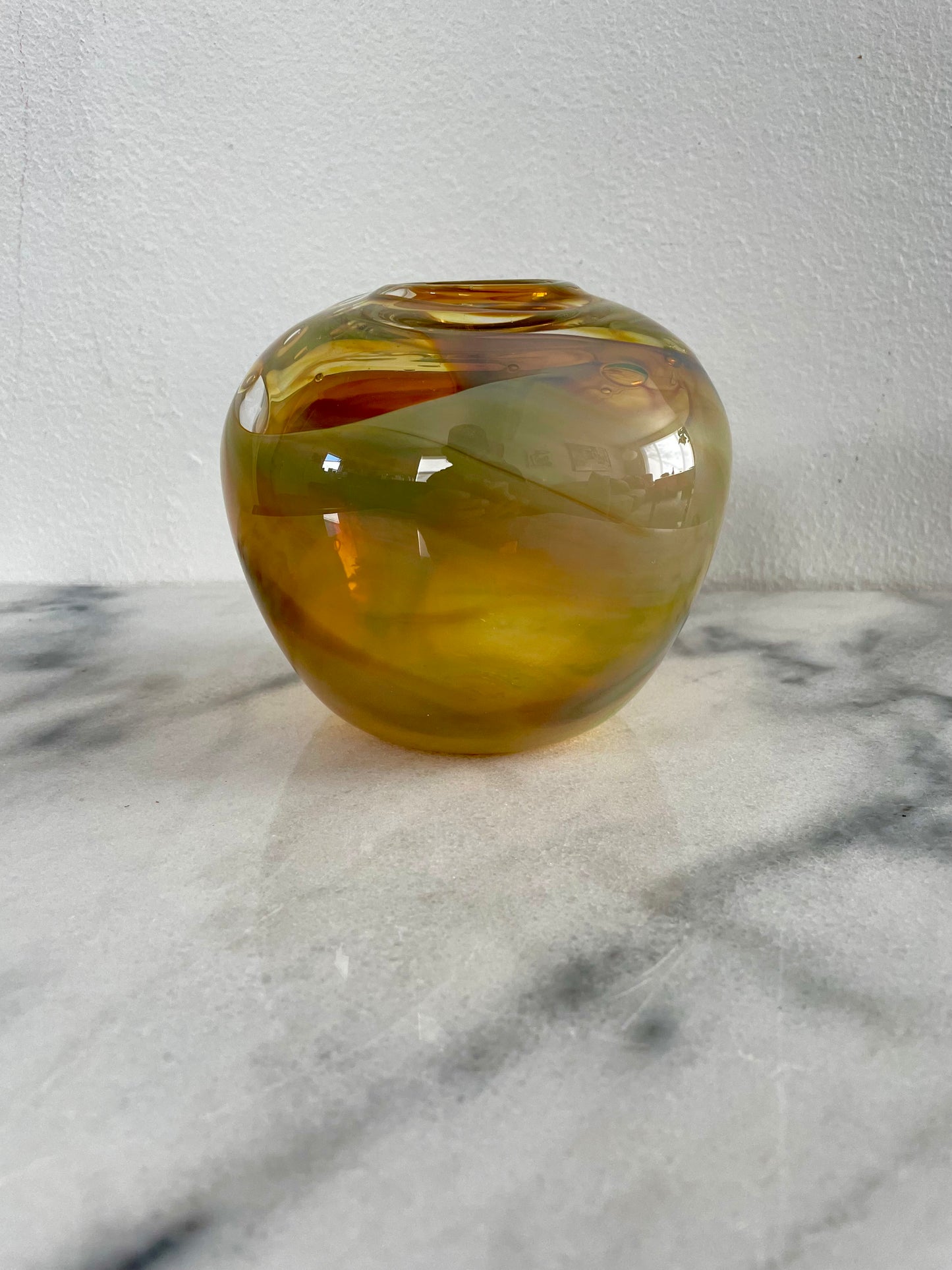 Vintage Amber Opalescent Swirled Mouth Blown Glass Vase