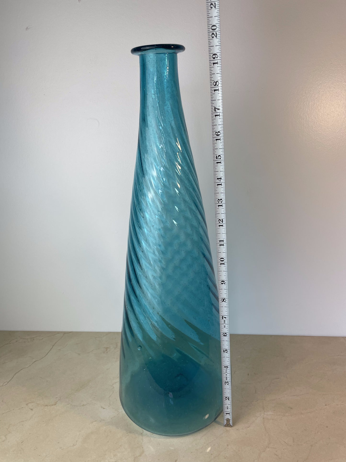 Vintage Hand-Blown Aqua Optic Swirl Art Glass Floor Bottle