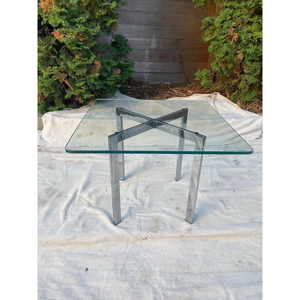 Barcelona Style Chrome X-Base Glass Top Side Table, Mid-Century Modern