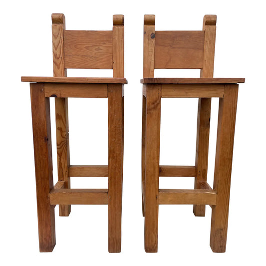 Late 20th Century Vintage Rustic Mexican Pine Bar Stools - a Pair