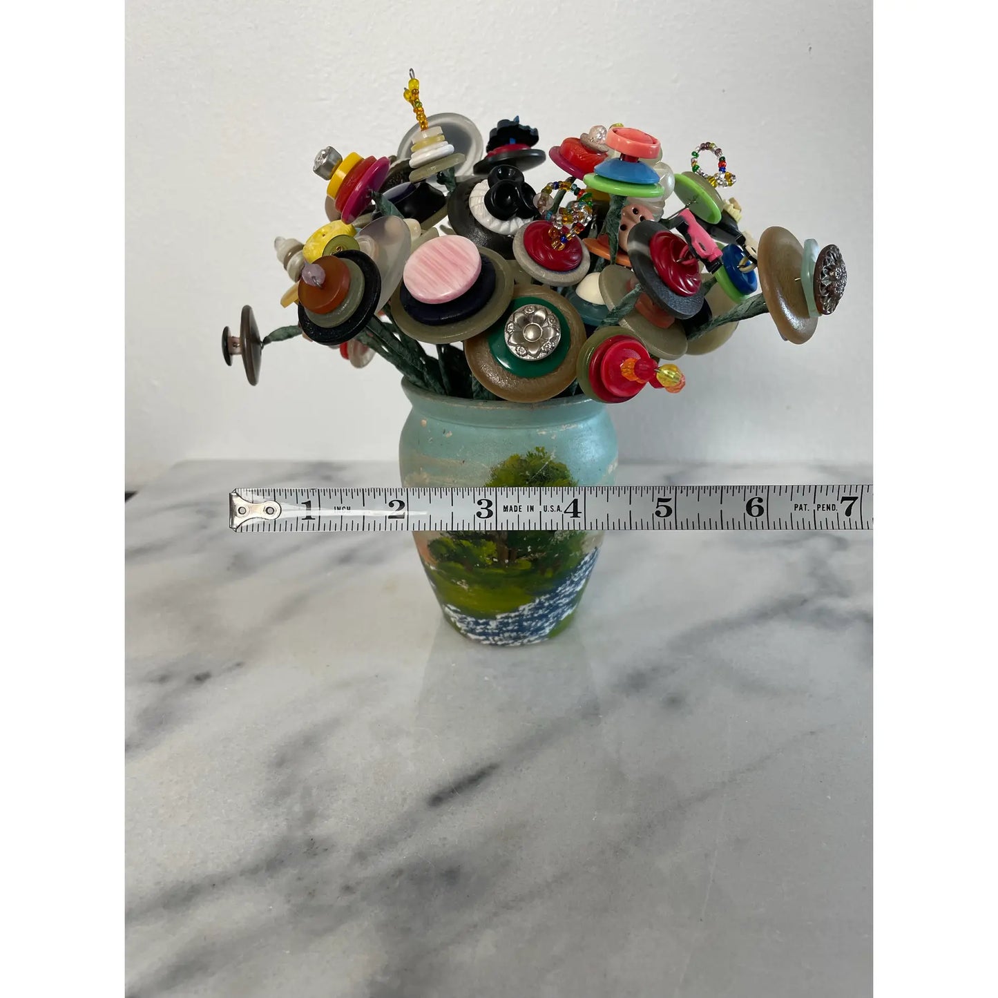 Mid 20th Century Handmade Folk Art Painted Meyer Pottery Vase With Button Bouquet Assemblage Sculpture
