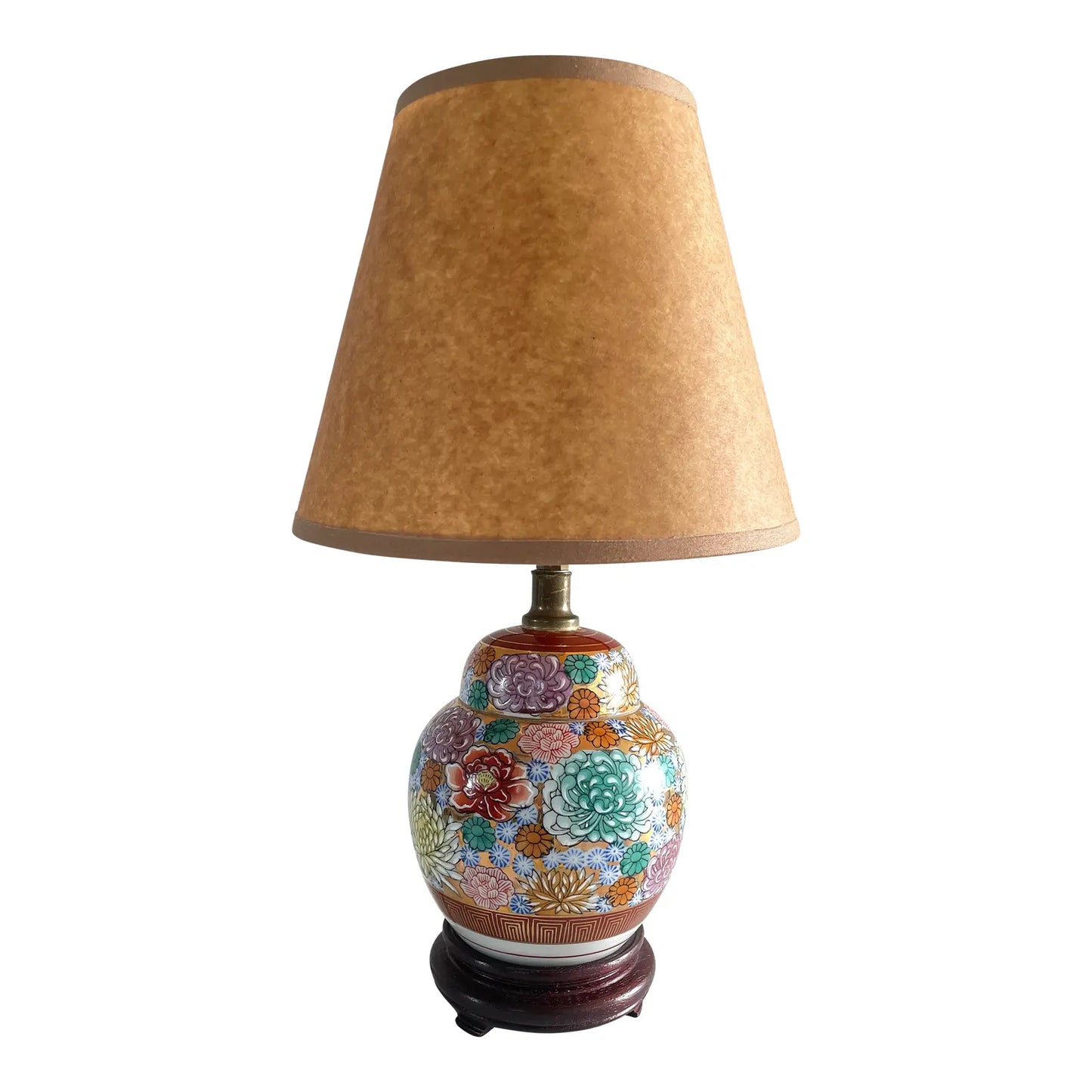 Mid-Century Chinoiserie Petite Floral Ceramic Ginger Jar Table Lamp With Shade