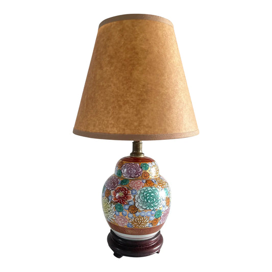 Mid-Century Chinoiserie Petite Floral Ceramic Ginger Jar Table Lamp With Shade