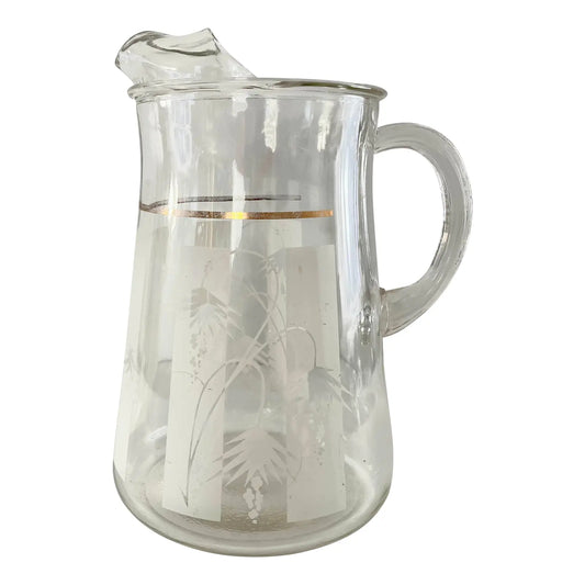Mid Century Modern Living Clear Pitcher With White Painted Desert Flower