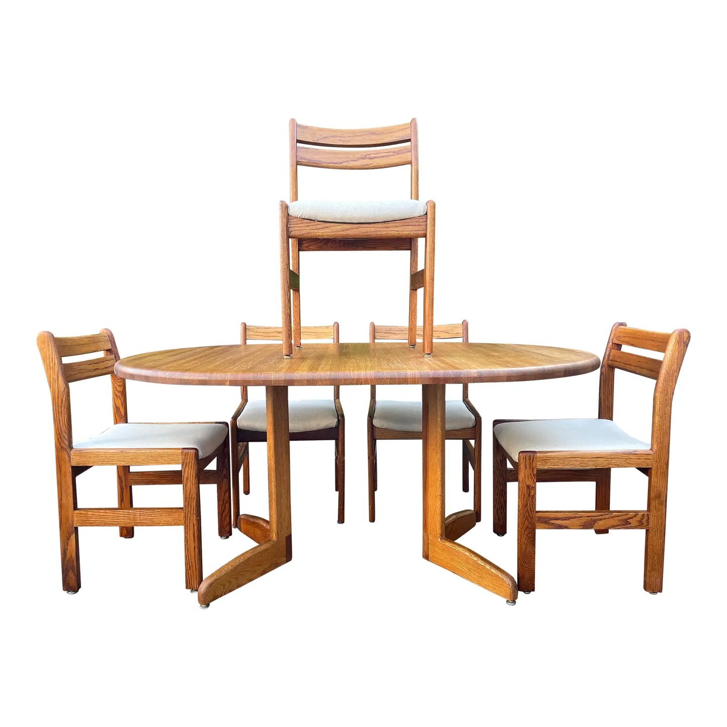 Vintage Danish Modern Solid Wood Dining Table With 5 Newly Upholstered Chairs – Minimalist Small Space Design Set of 6