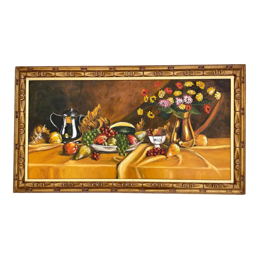 Vintage Large Framed Scale Tablescape Still Life Oil on Canvas