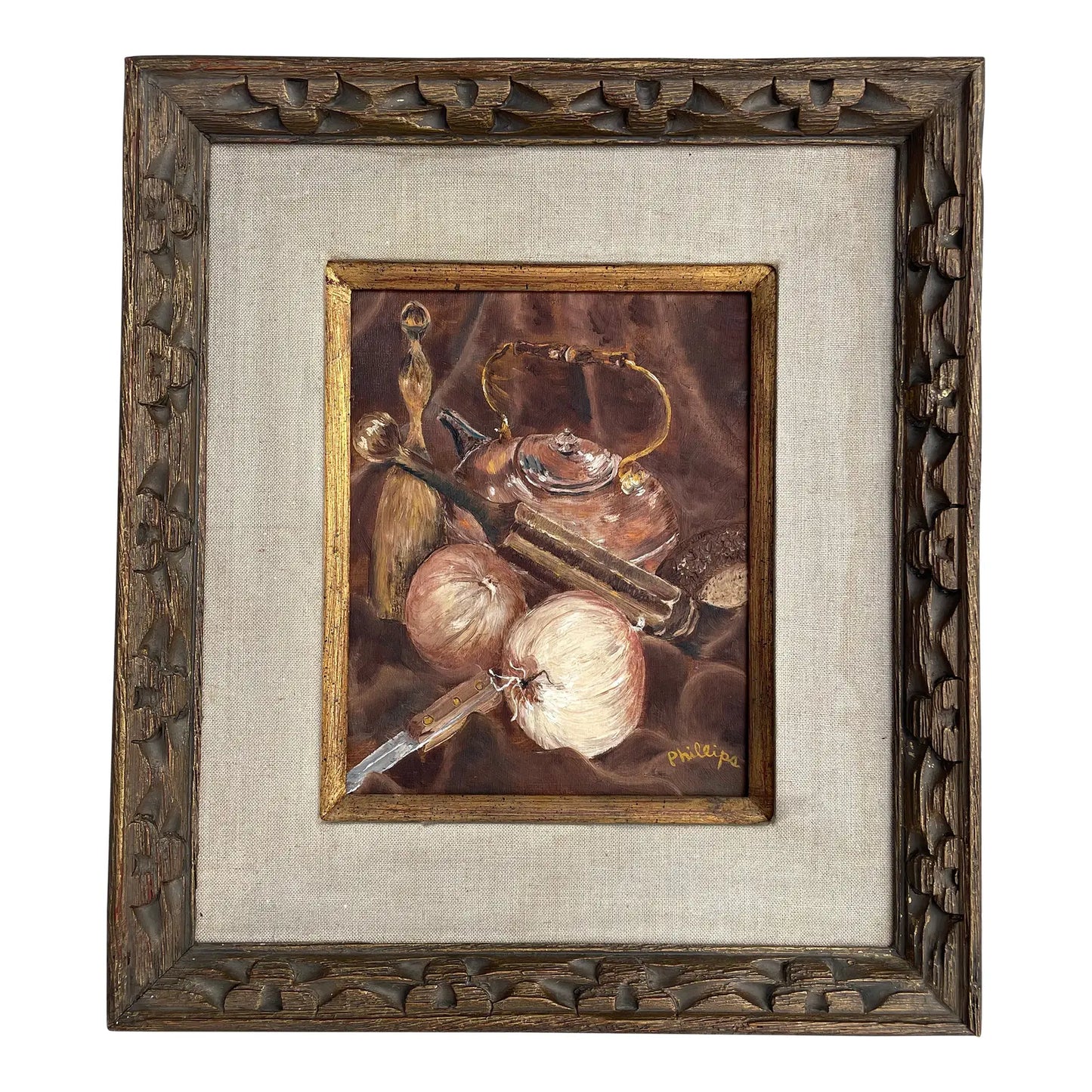 Vintage Rustic Kitchen Still Life Oil on Canvas Board Framed