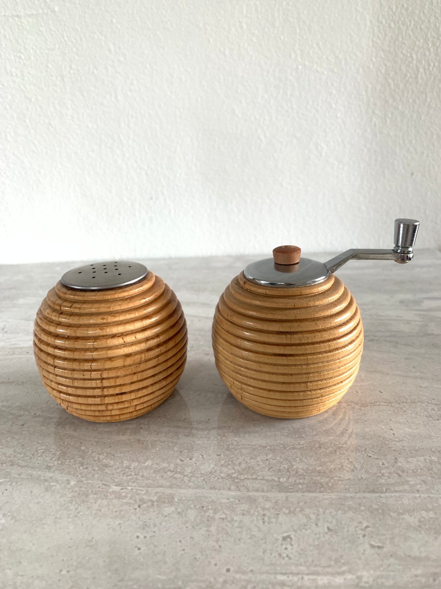 Vintage 1970s Blonde Wood Beehive Salt & Pepper Shakers