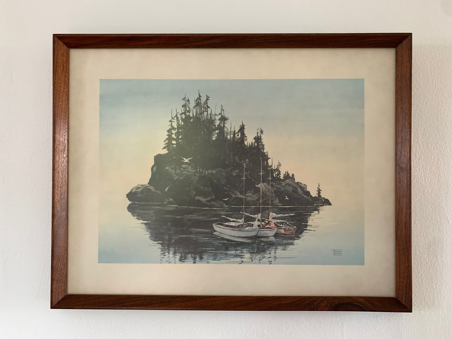 Mid-Century Modern Walnut Framed Coastal Lithograph Art of Island and Small Boats, Signed by Artist Tony Koski