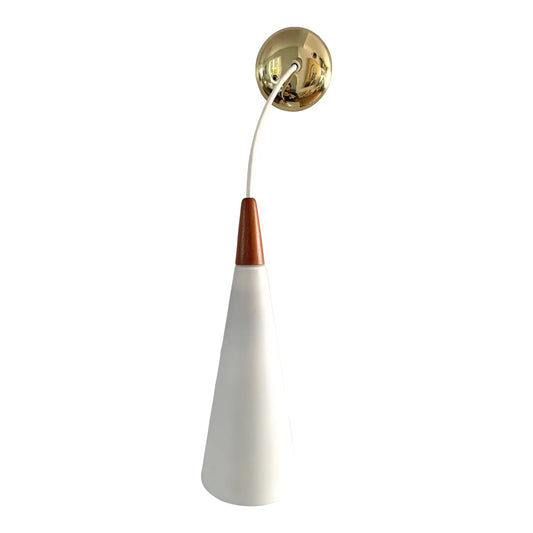 Holmegaard Danish Frosted Glass & Teak Cone Pendandt Light Fixture