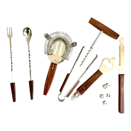 1960s Mid-Century Modern Japanese Rosewood Handled Barware With Mini Dice- 7 Pieces