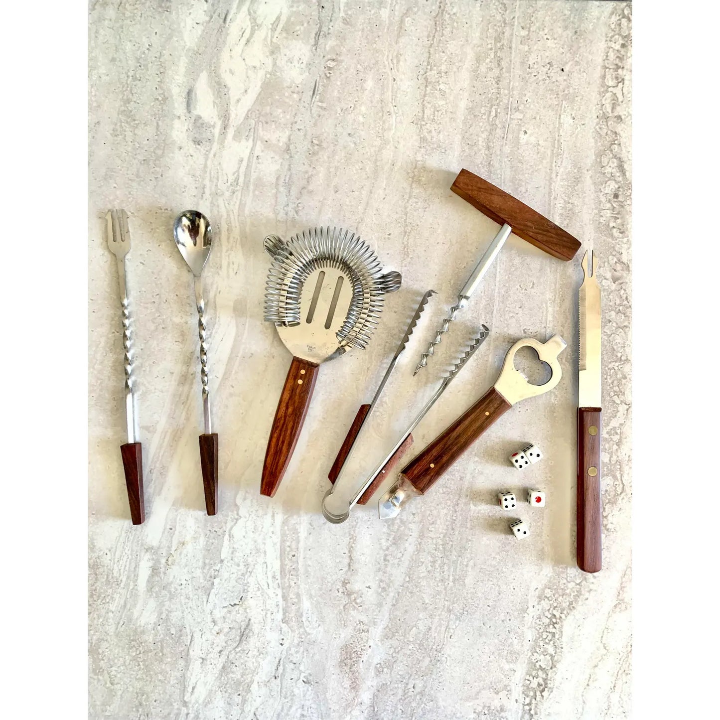 1960s Mid-Century Modern Japanese Rosewood Handled Barware With Mini Dice- 7 Pieces