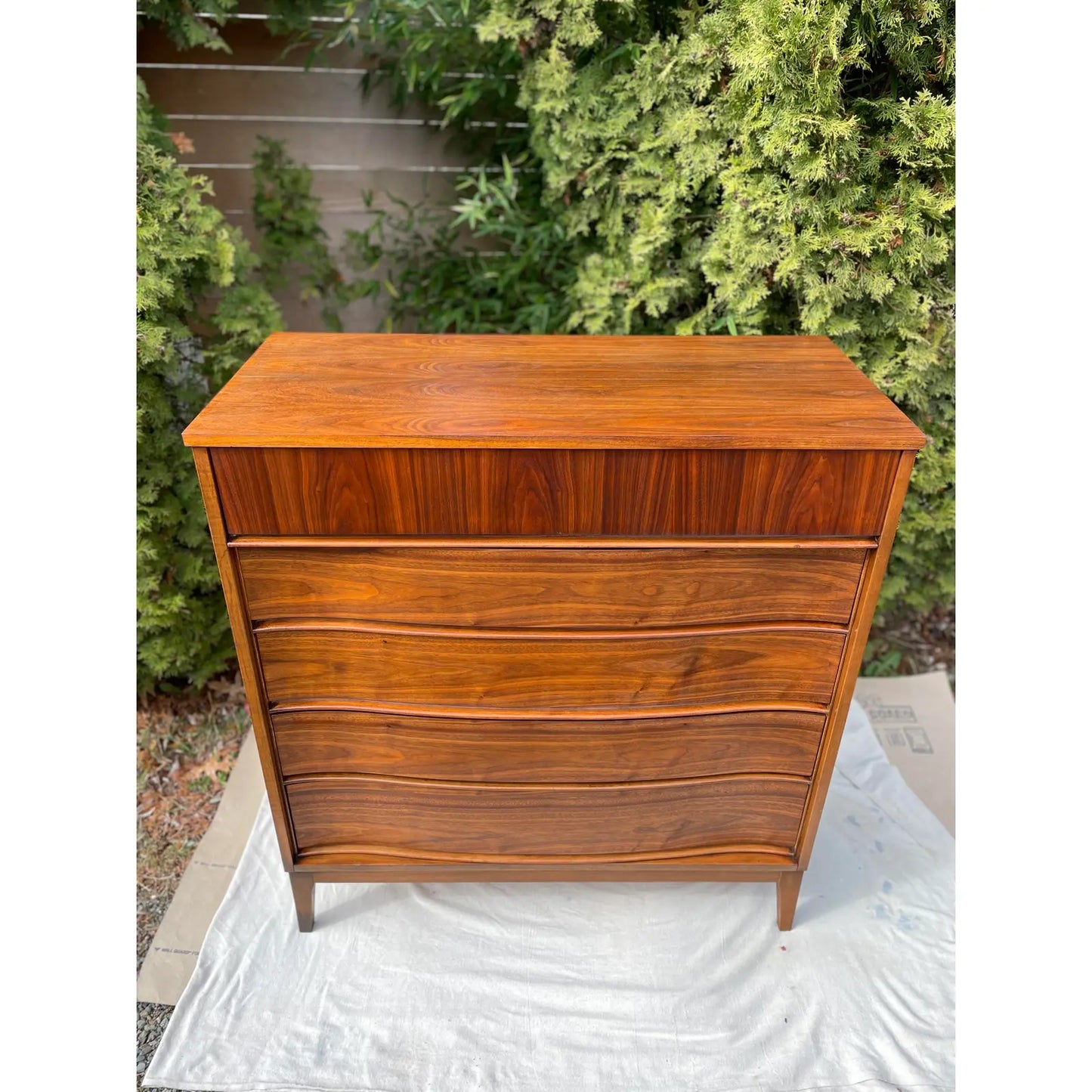 1960s Mid-Century Modern Walnut Highboy Dresser With Curved Front Drawers