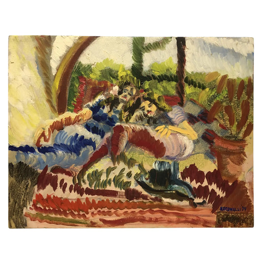 1970s Bohemian Figurative Oil Painting Signed Nacamulli