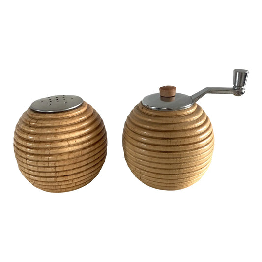 Vintage 1970s Blonde Wood Beehive Salt & Pepper Shakers