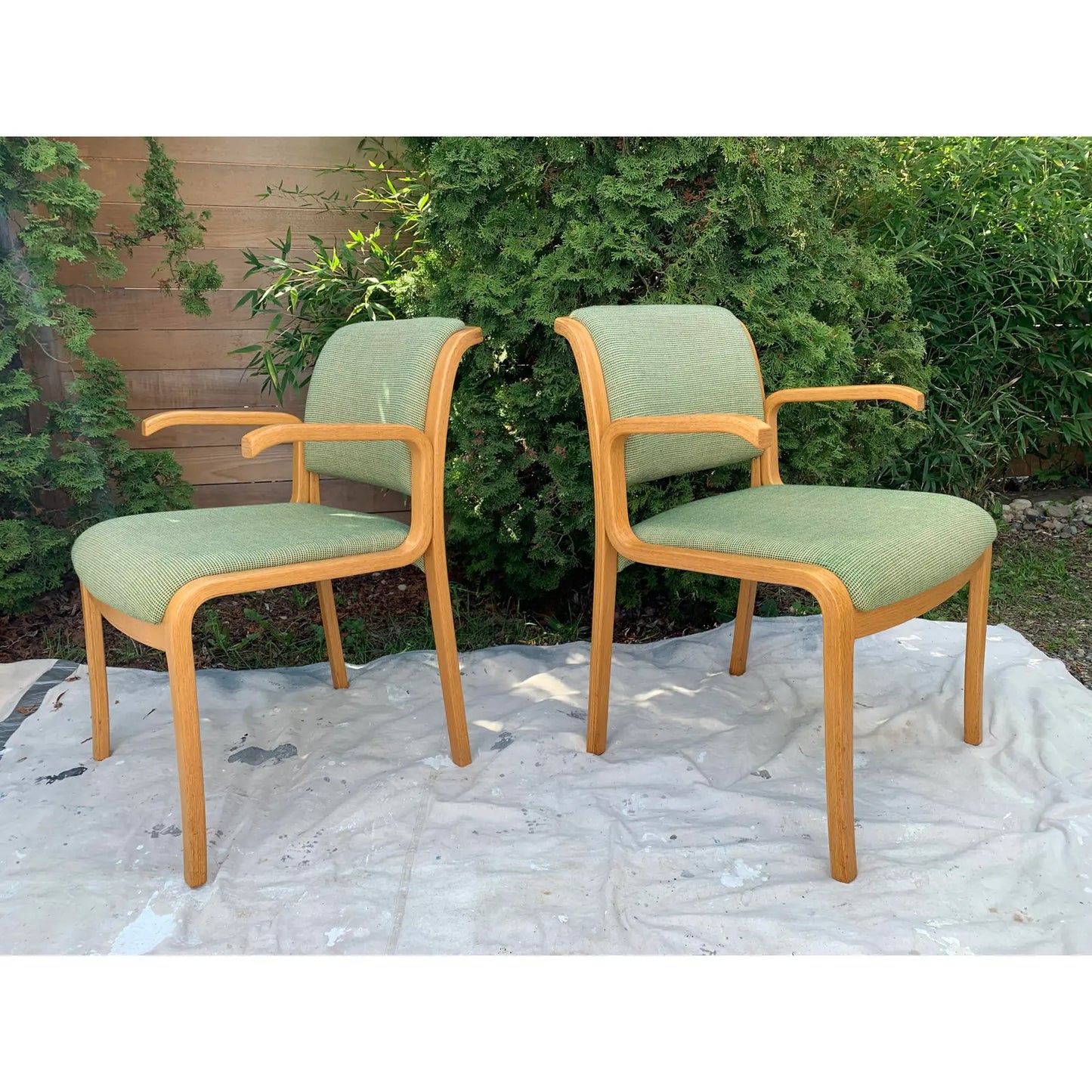 1970s Vintage Thonet Bentwood Oak Upholstered Armchairs - a Pair