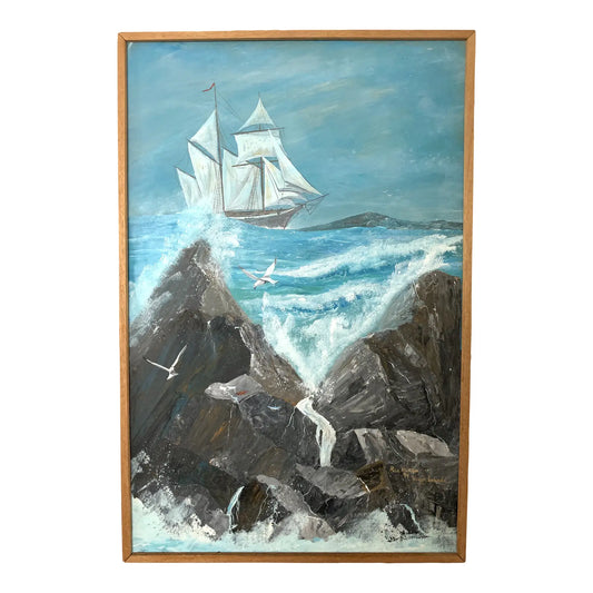 1974 Framed Virgin Islands Seascape Original Oil Painting on Board Signed Ron Morón