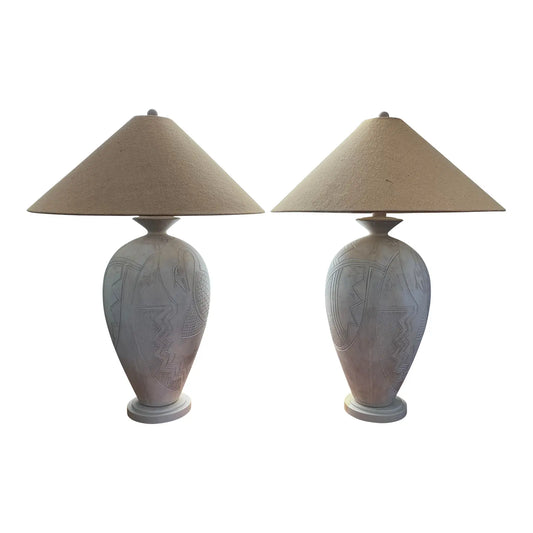 1980s Vintage Casual Lamps of California Tribal Bird Abstract White Plaster Lamps- a Pair