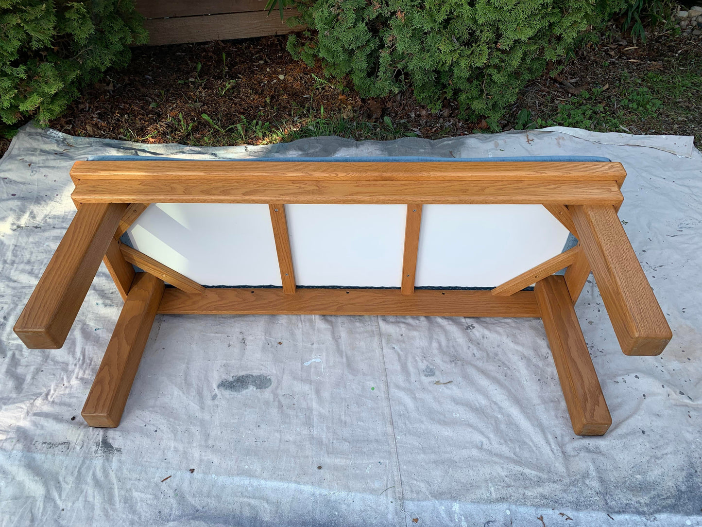 1980s Vintage Solid Oak Ocean Blue Velvet Upholstered Cushioned Bench