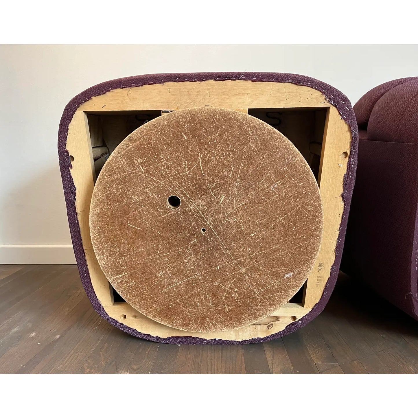 1989 Vintage Purple Barrel Scalloped Back Swivel Club Chairs - a Pair