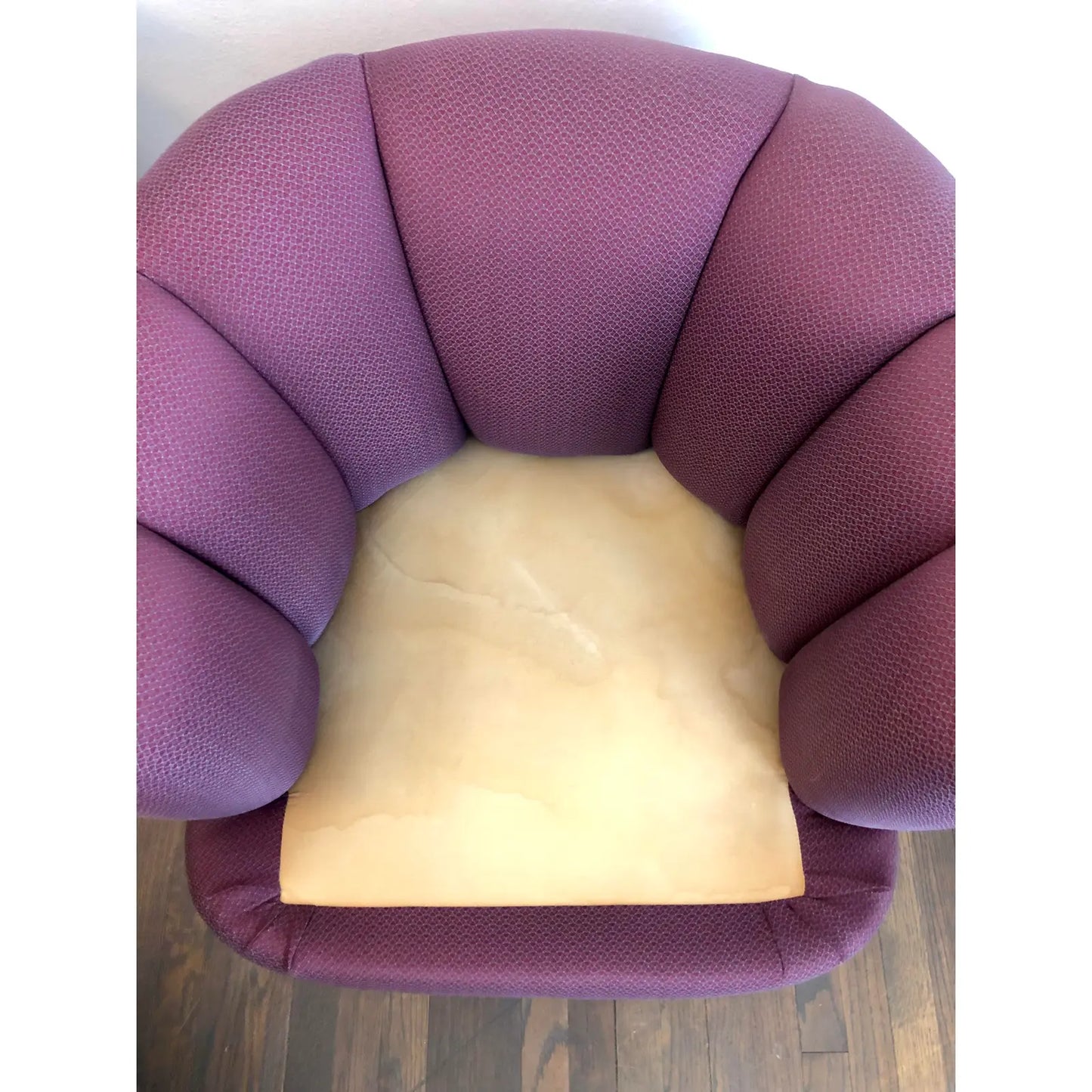1989 Vintage Purple Barrel Scalloped Back Swivel Club Chairs - a Pair