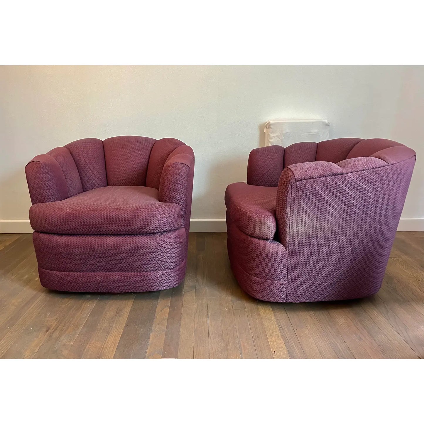 1989 Vintage Purple Barrel Scalloped Back Swivel Club Chairs - a Pair