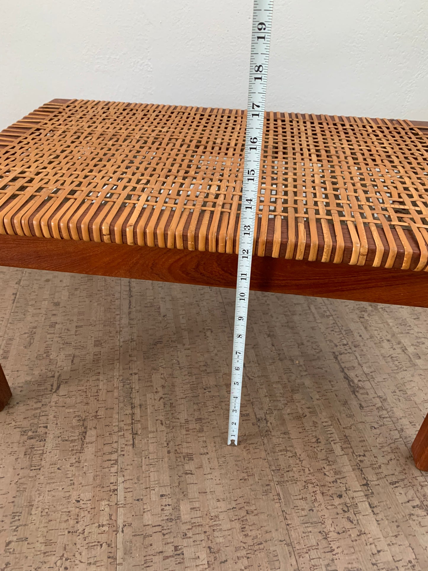 Mid-Century Modern Solid Teak Wood Bench With Original Caning