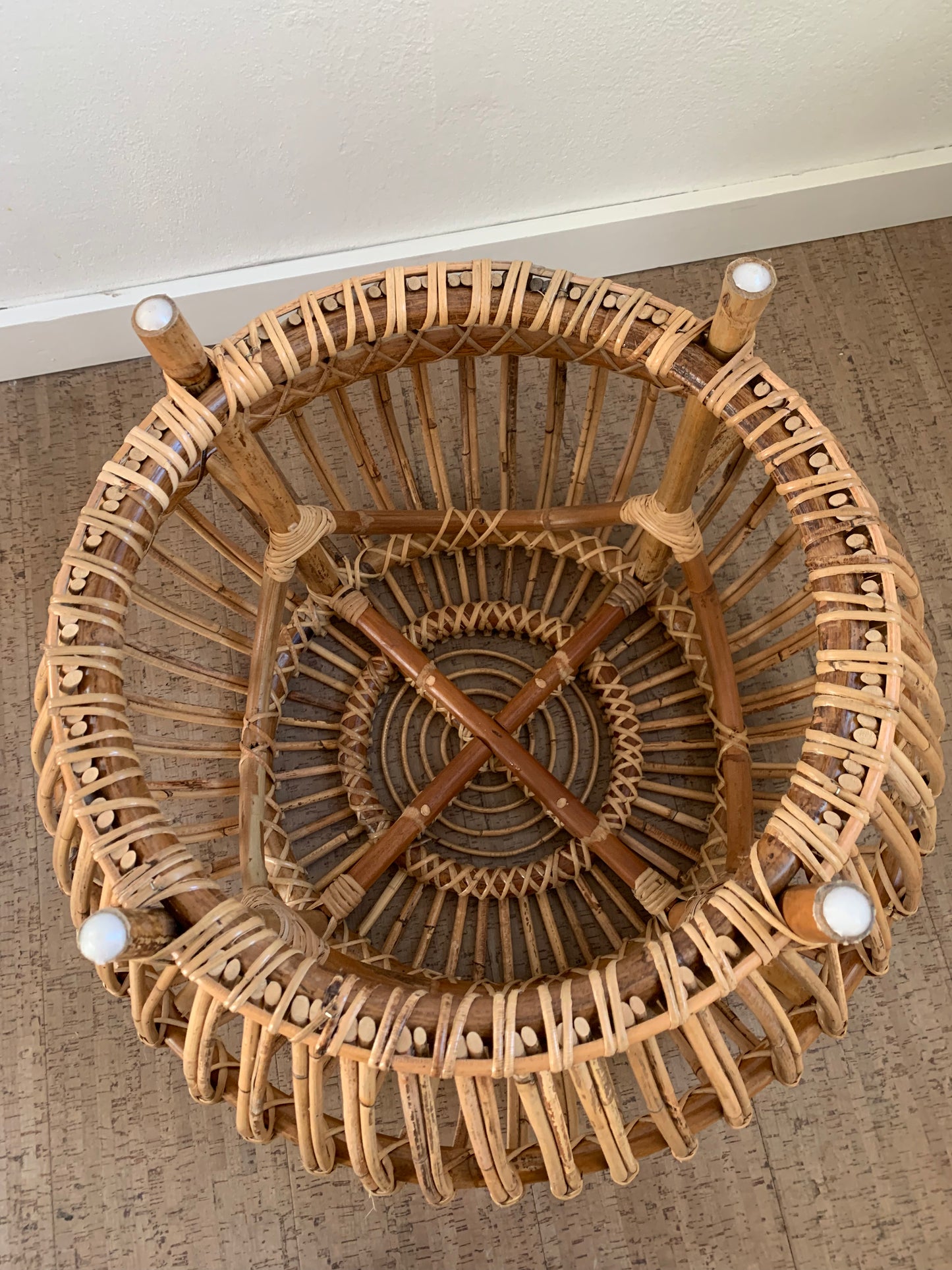 Vintage Mid-Century Modern Rattan Side Table Ottoman Pouf Attributed to Franco Albini