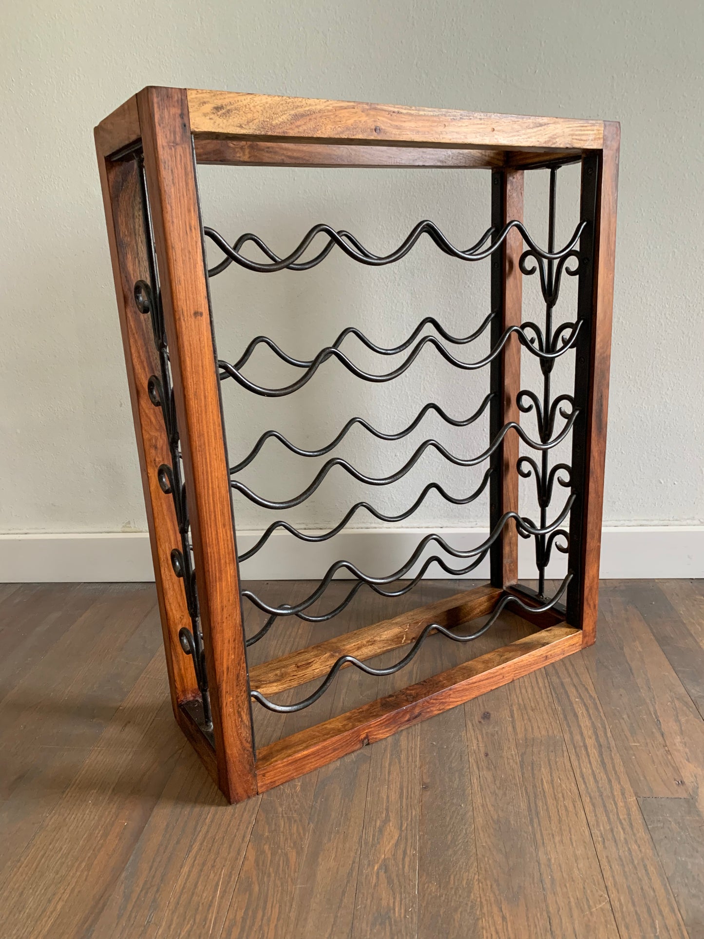 Vintage Brazilwood Rustic Hardwood & Wrought Iron Wine Rack