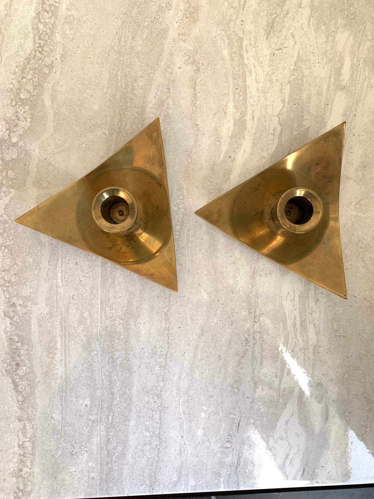Mid-Century Modern Brass Triangle Boat Form Candle Holders
