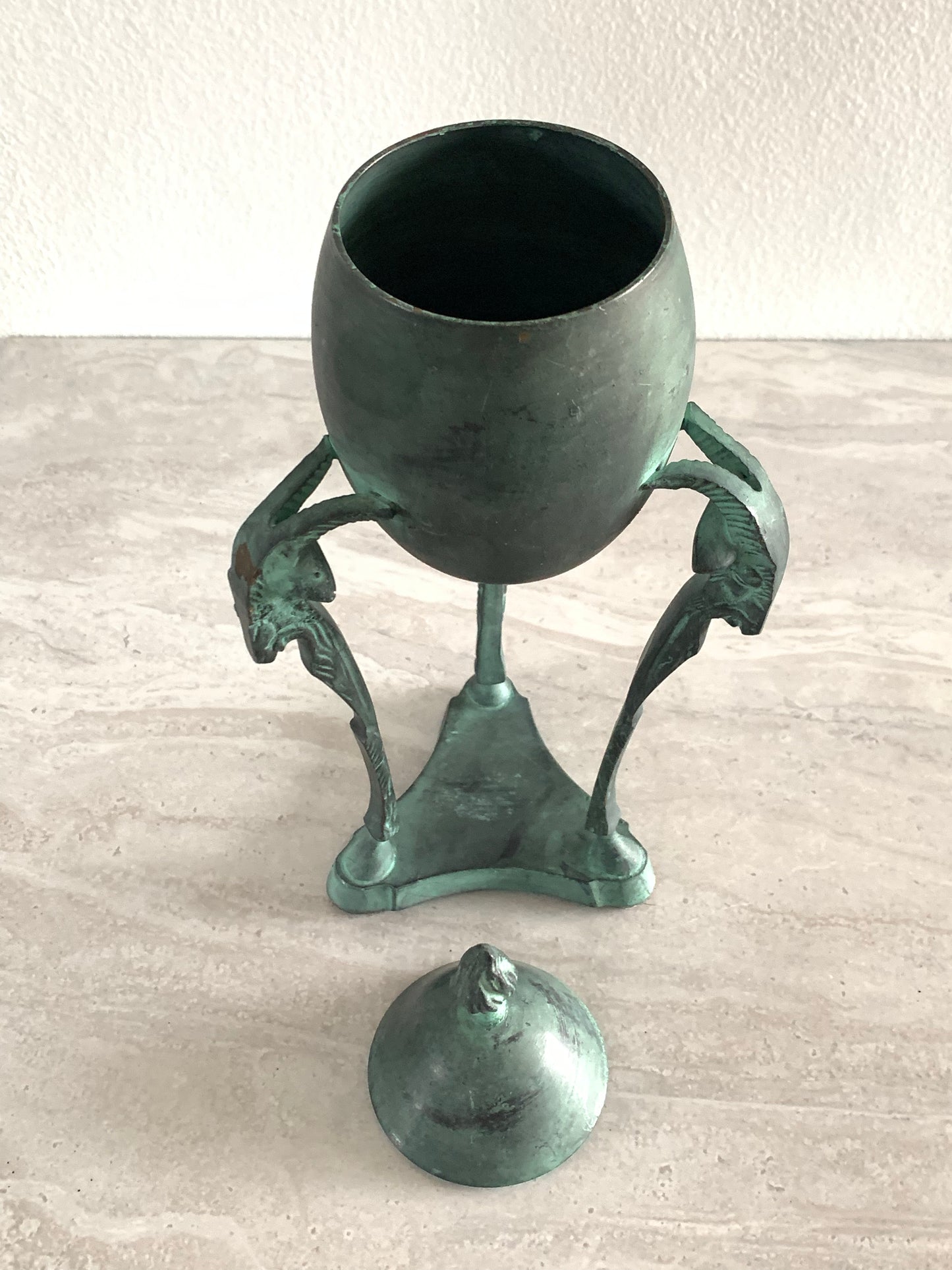 Mid 20th Century Vintage Brass Ram Lidded Egg Urn Footed Stand With Patina