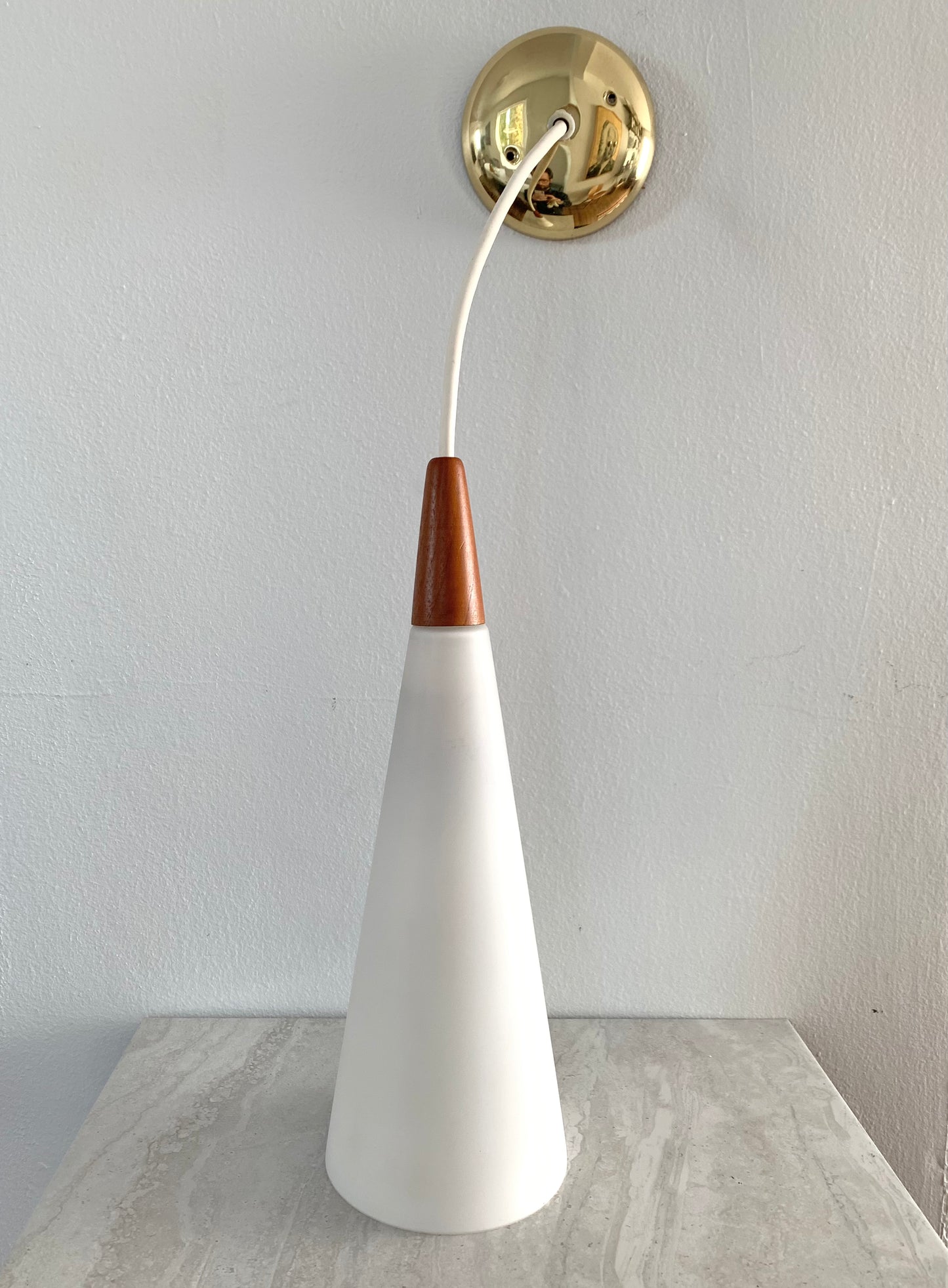 Holmegaard Danish Frosted Glass & Teak Cone Pendandt Light Fixture