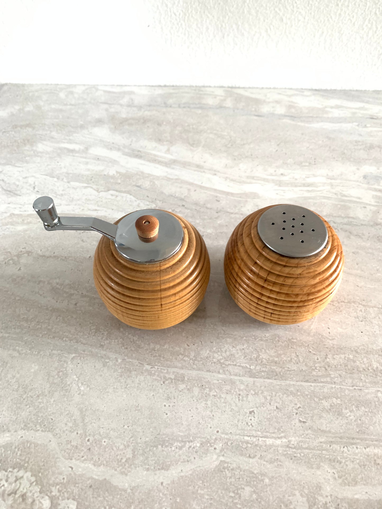 Vintage 1970s Blonde Wood Beehive Salt & Pepper Shakers