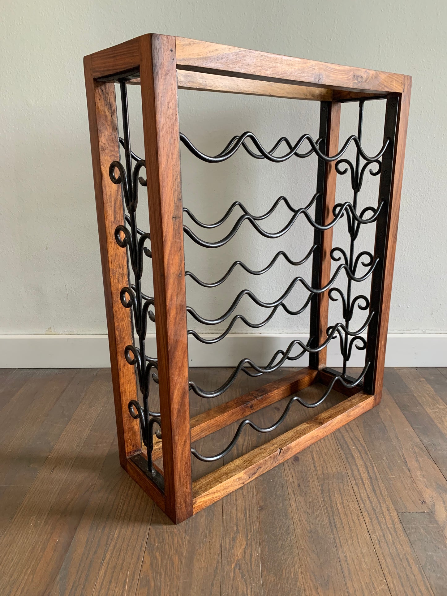 Vintage Brazilwood Rustic Hardwood & Wrought Iron Wine Rack