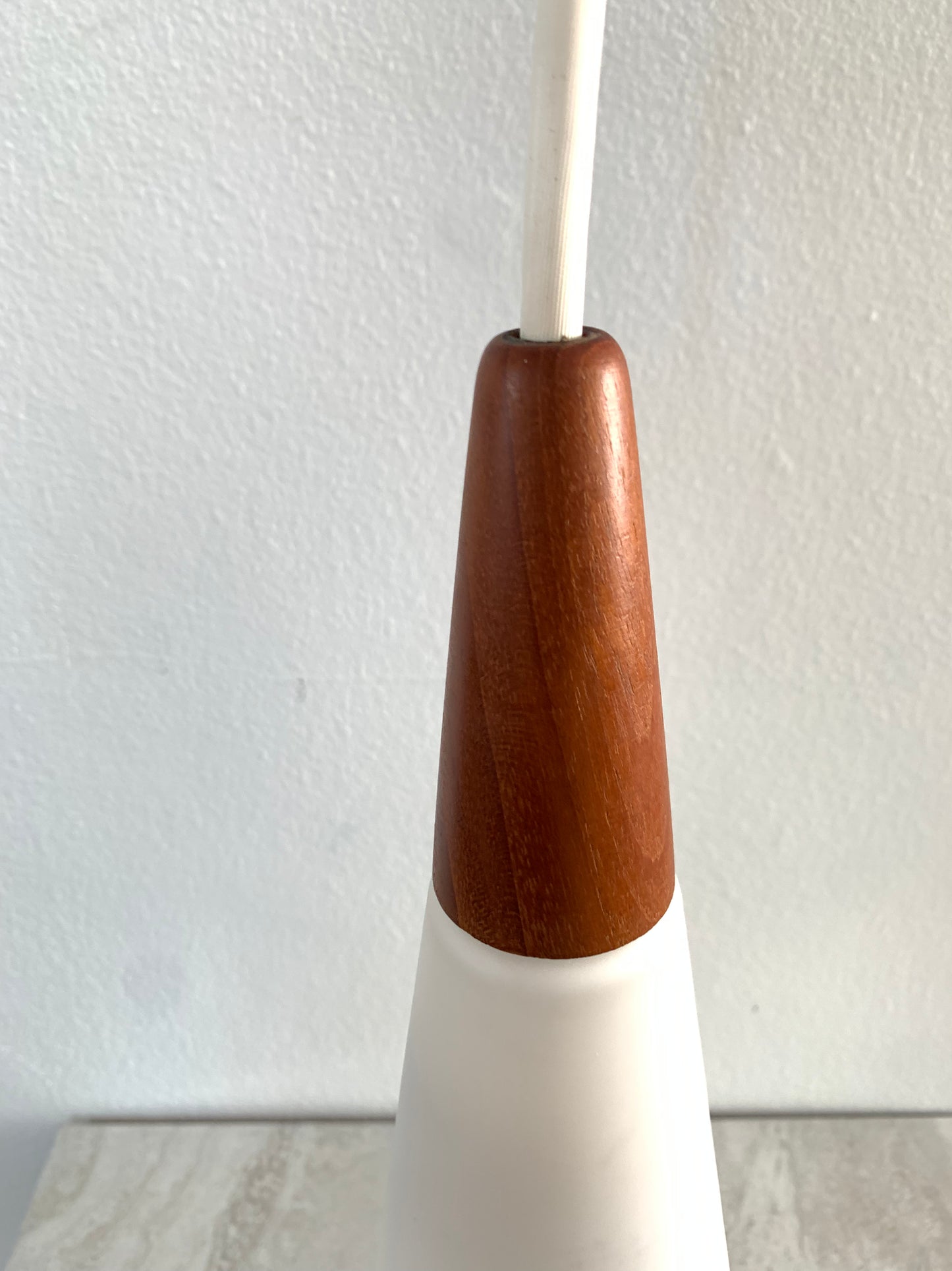 Holmegaard Danish Frosted Glass & Teak Cone Pendandt Light Fixture