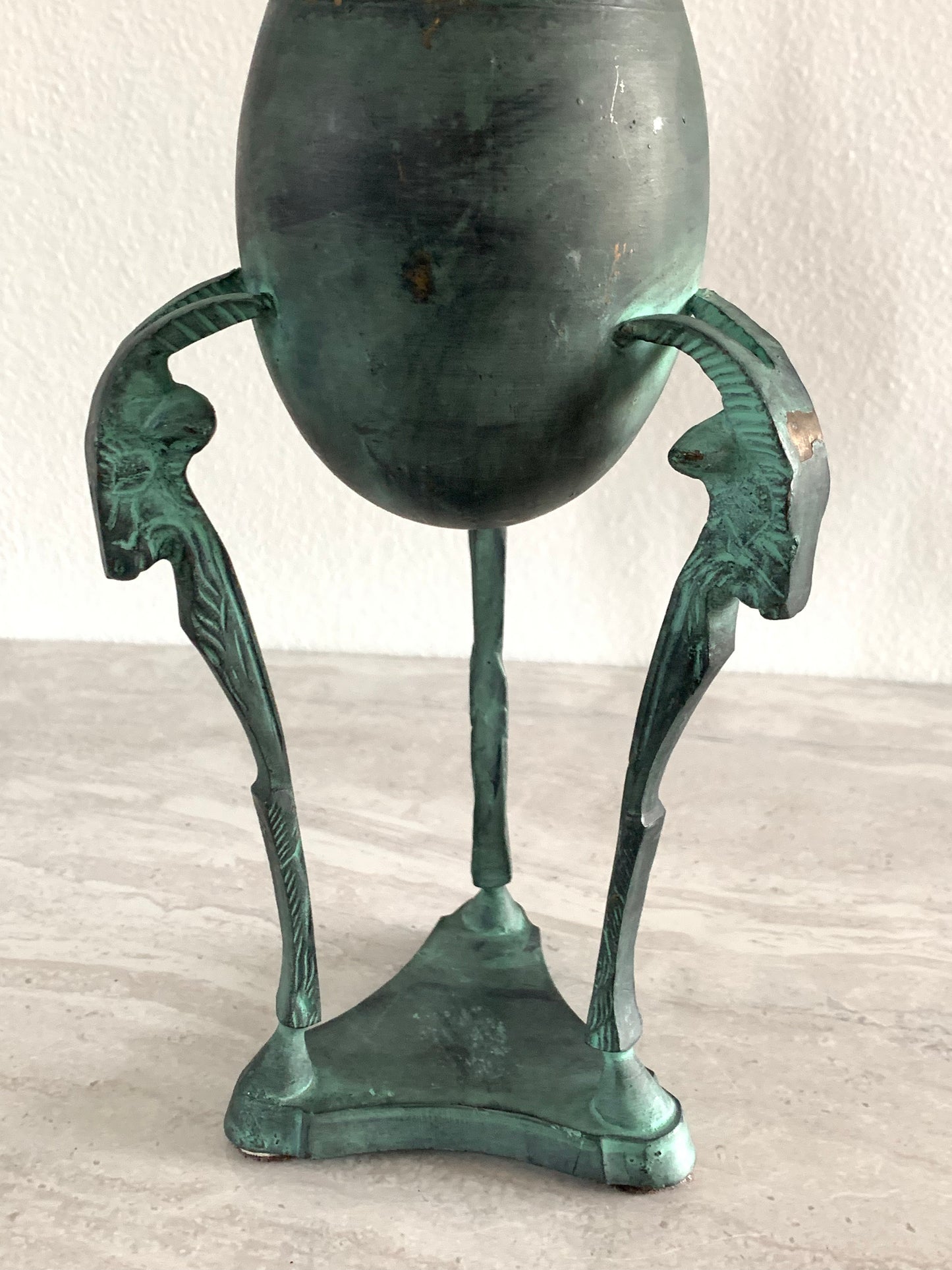 Mid 20th Century Vintage Brass Ram Lidded Egg Urn Footed Stand With Patina