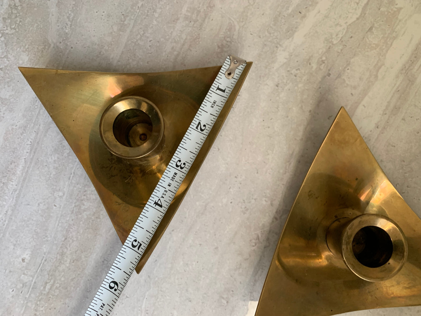Mid-Century Modern Brass Triangle Boat Form Candle Holders