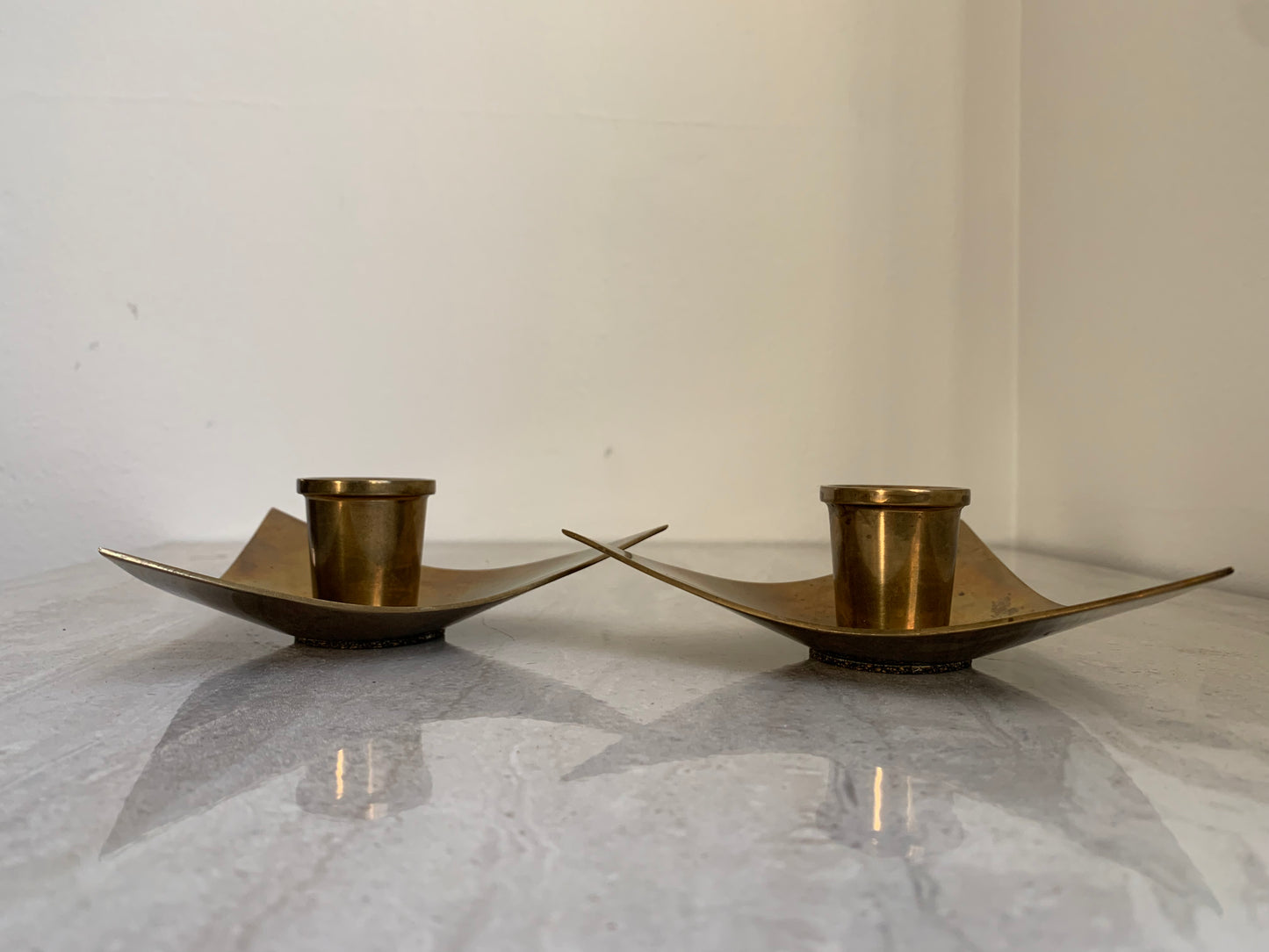 Mid-Century Modern Brass Triangle Boat Form Candle Holders