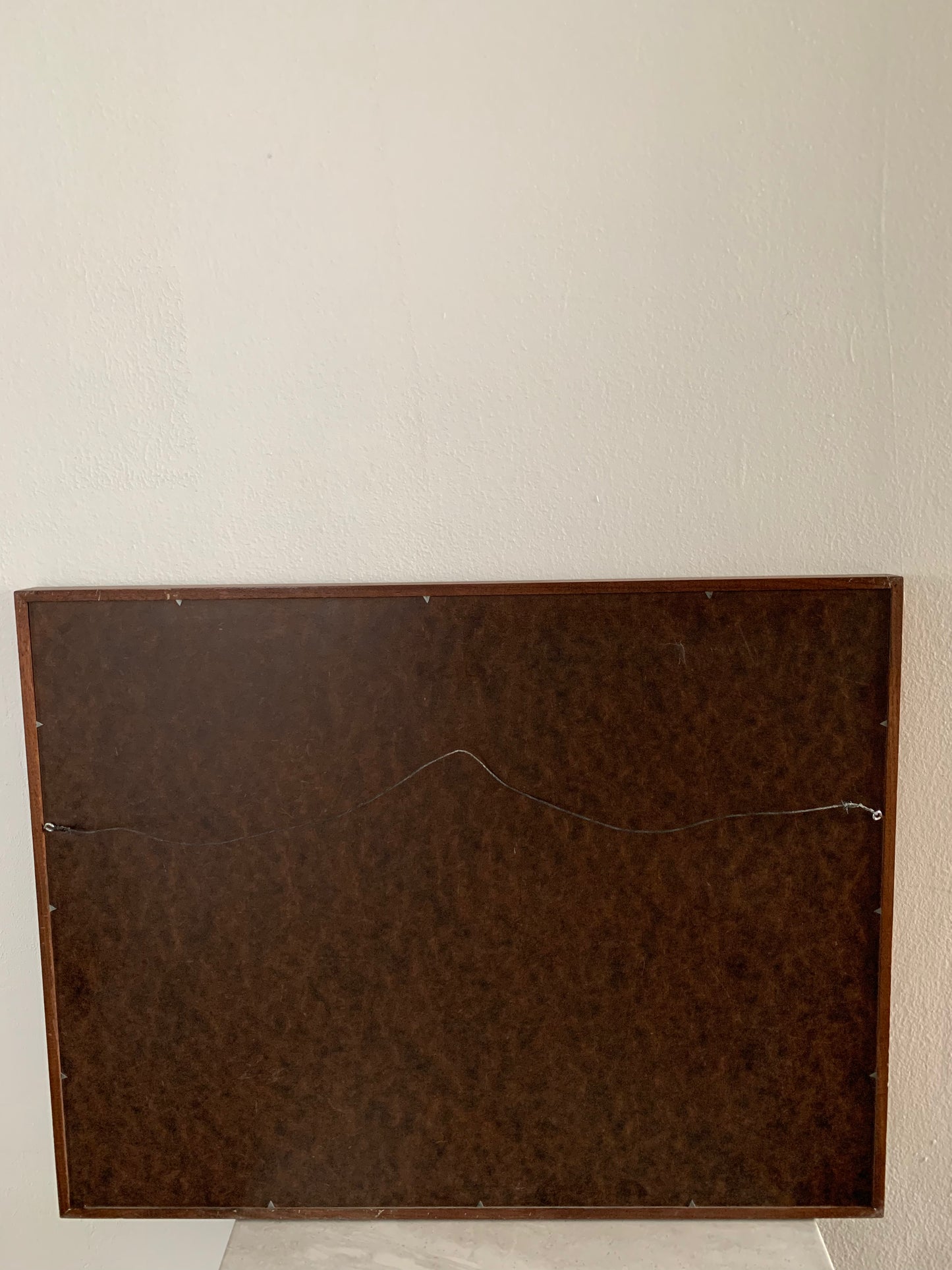 Mid-Century Modern Walnut Framed Coastal Lithograph Art of Island and Small Boats, Signed by Artist Tony Koski