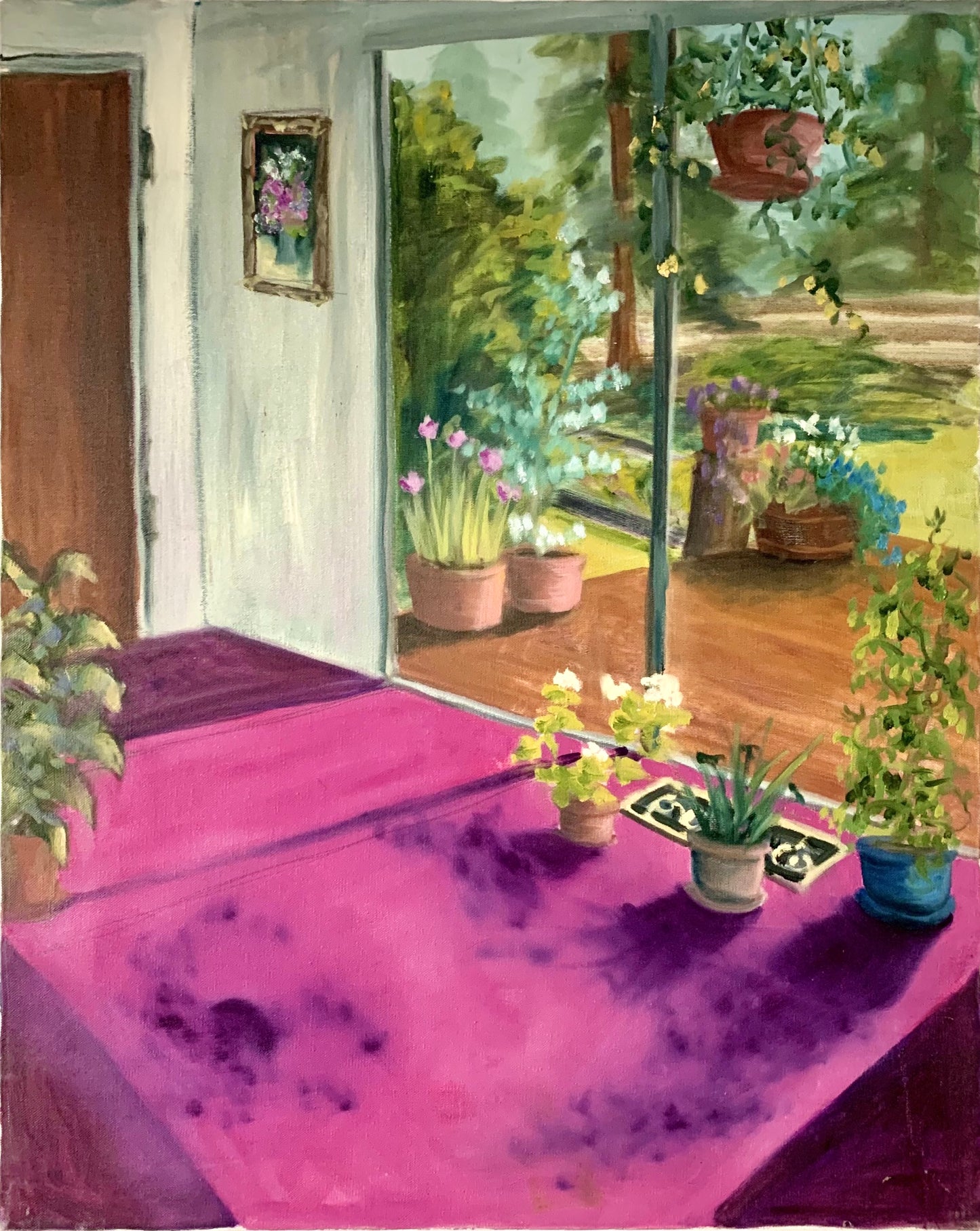 Vintage Oil on Canvas Magenta With Plants