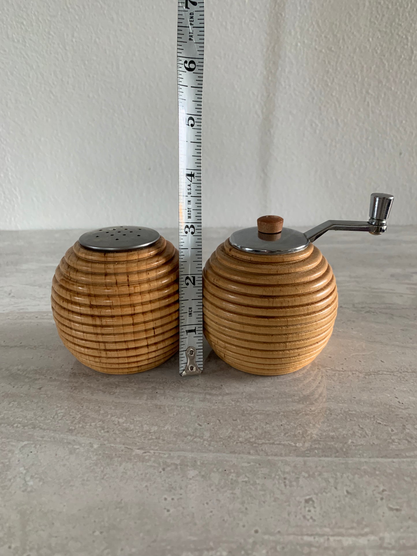 Vintage 1970s Blonde Wood Beehive Salt & Pepper Shakers