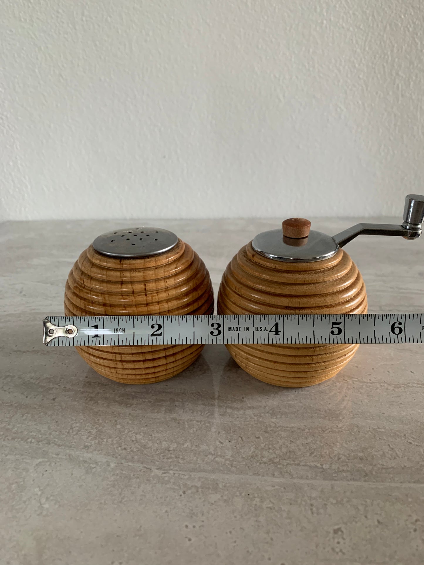 Vintage 1970s Blonde Wood Beehive Salt & Pepper Shakers