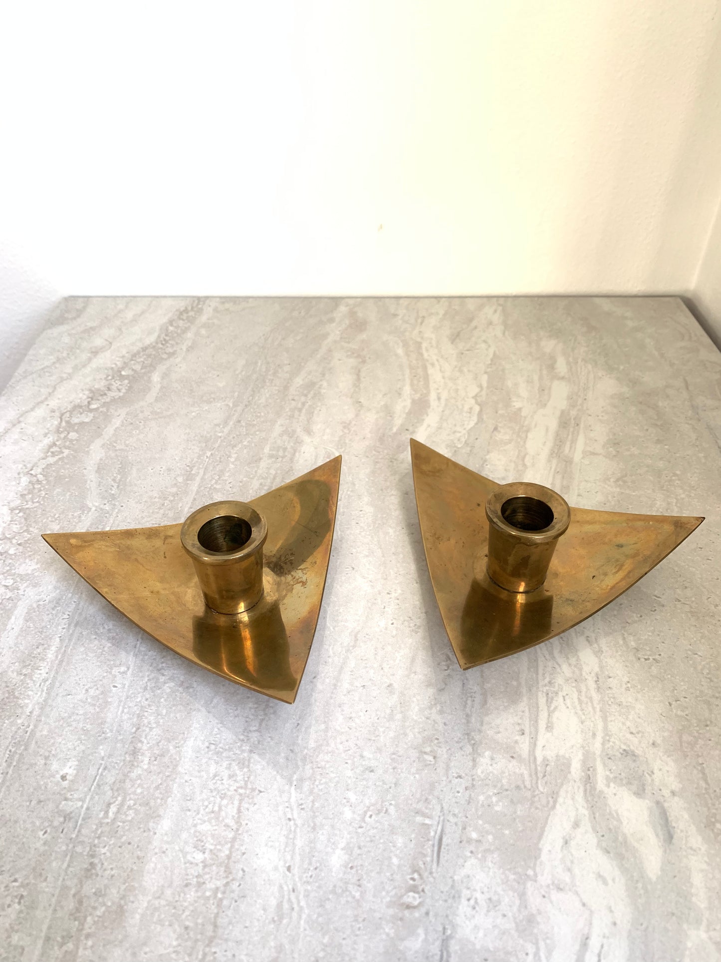 Mid-Century Modern Brass Triangle Boat Form Candle Holders