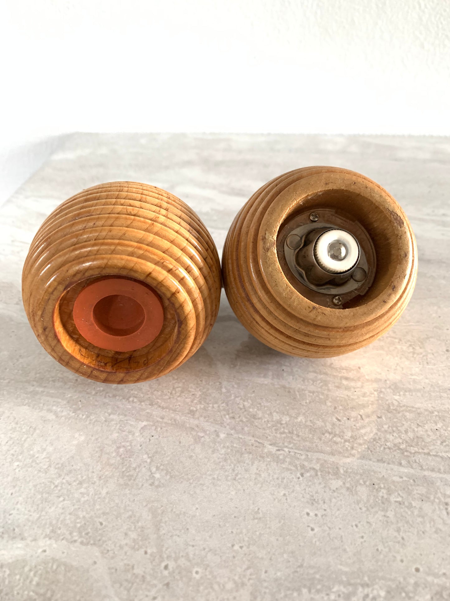 Vintage 1970s Blonde Wood Beehive Salt & Pepper Shakers