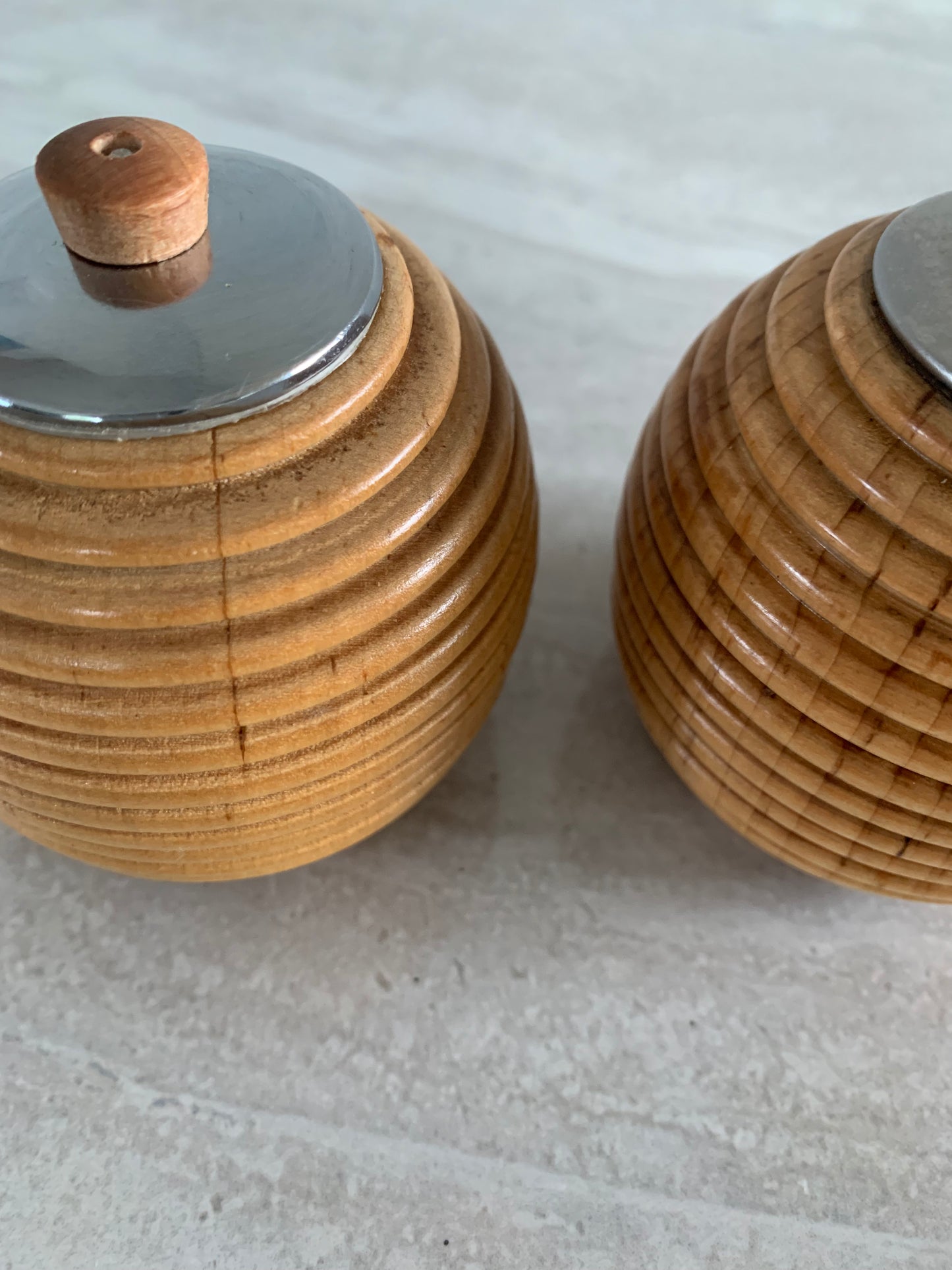 Vintage 1970s Blonde Wood Beehive Salt & Pepper Shakers