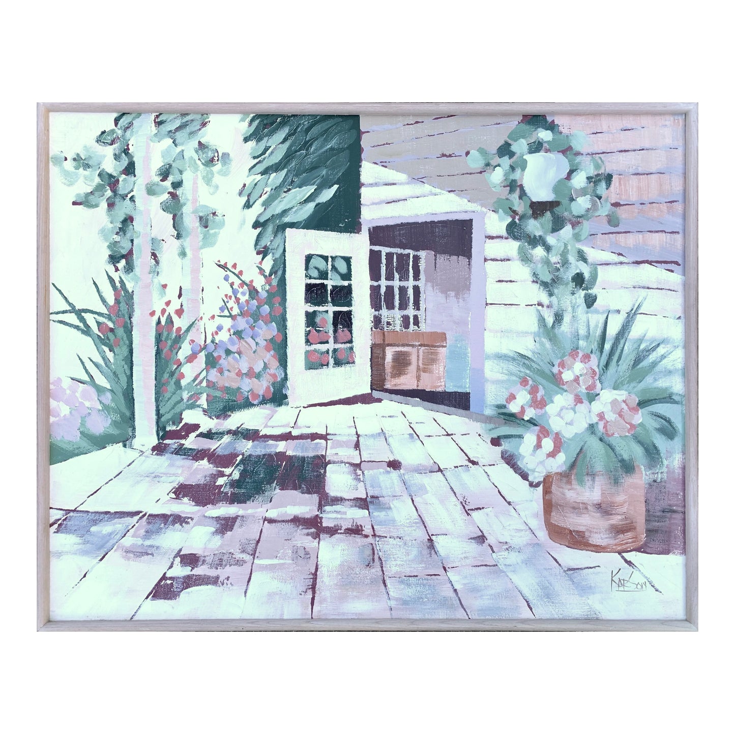 Late 20th Century Postmodern Style Embellished Print on Canvas of a Veranda Garden Scene by Karson